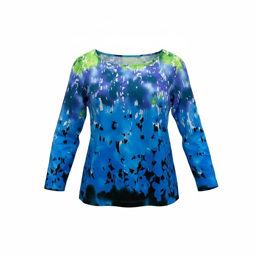 Investments Womens Blue Green Abstract Floral Boat Neck Long Sleeve Top Size M
